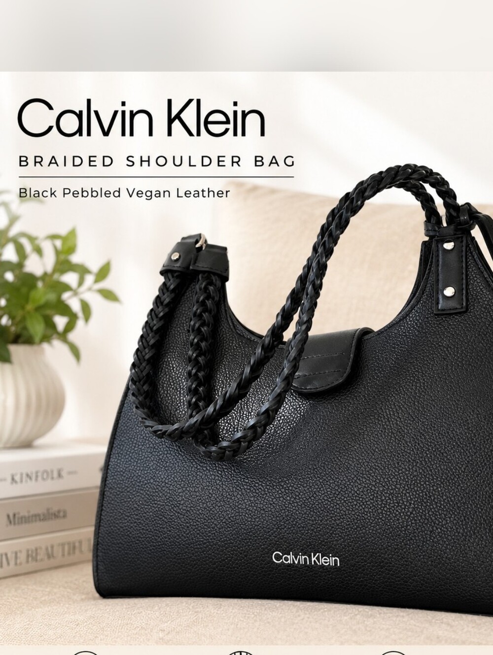 Calvin Klein Black Pebbled Vegan Leather Braided Shoulder Bag